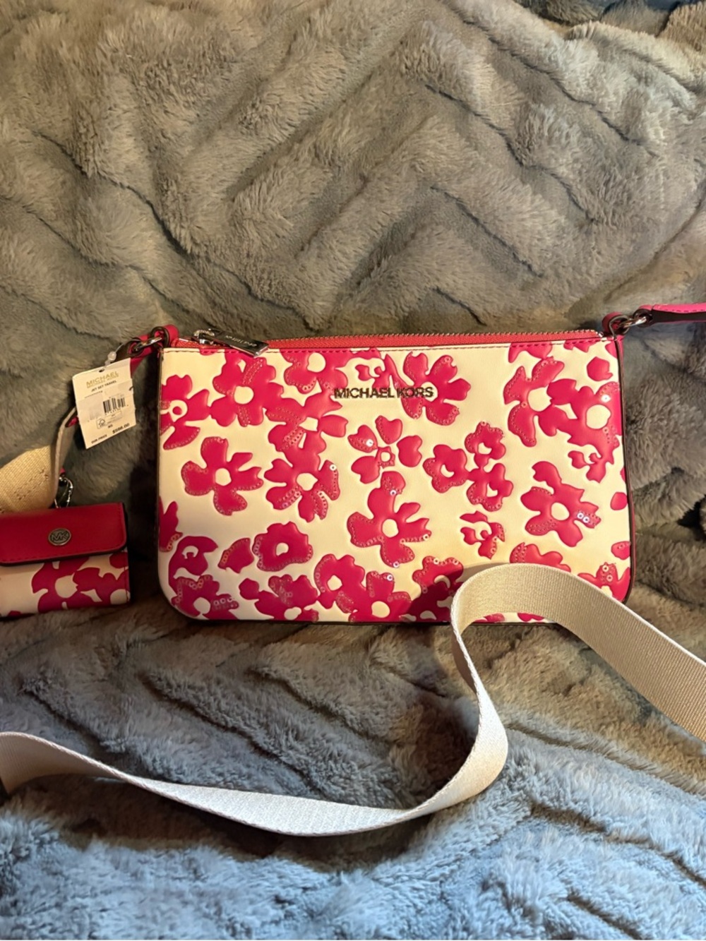 Michael Kors White and Hot Pink Floral Crossbody with Coin Pouch - Picture 6 of 9